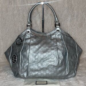 Gucci GG Guccissima Sukey Leather Large Shoulder Tote Bag Purse Metallic Silver
